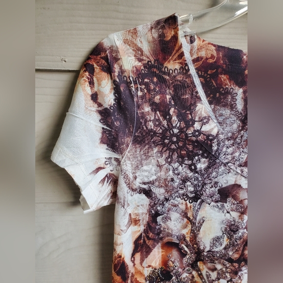 B.L.E.U Mixed Graphic Printed Steampunk Gears Embellished Burn-out Tee Tunic Top - Picture 7 of 12